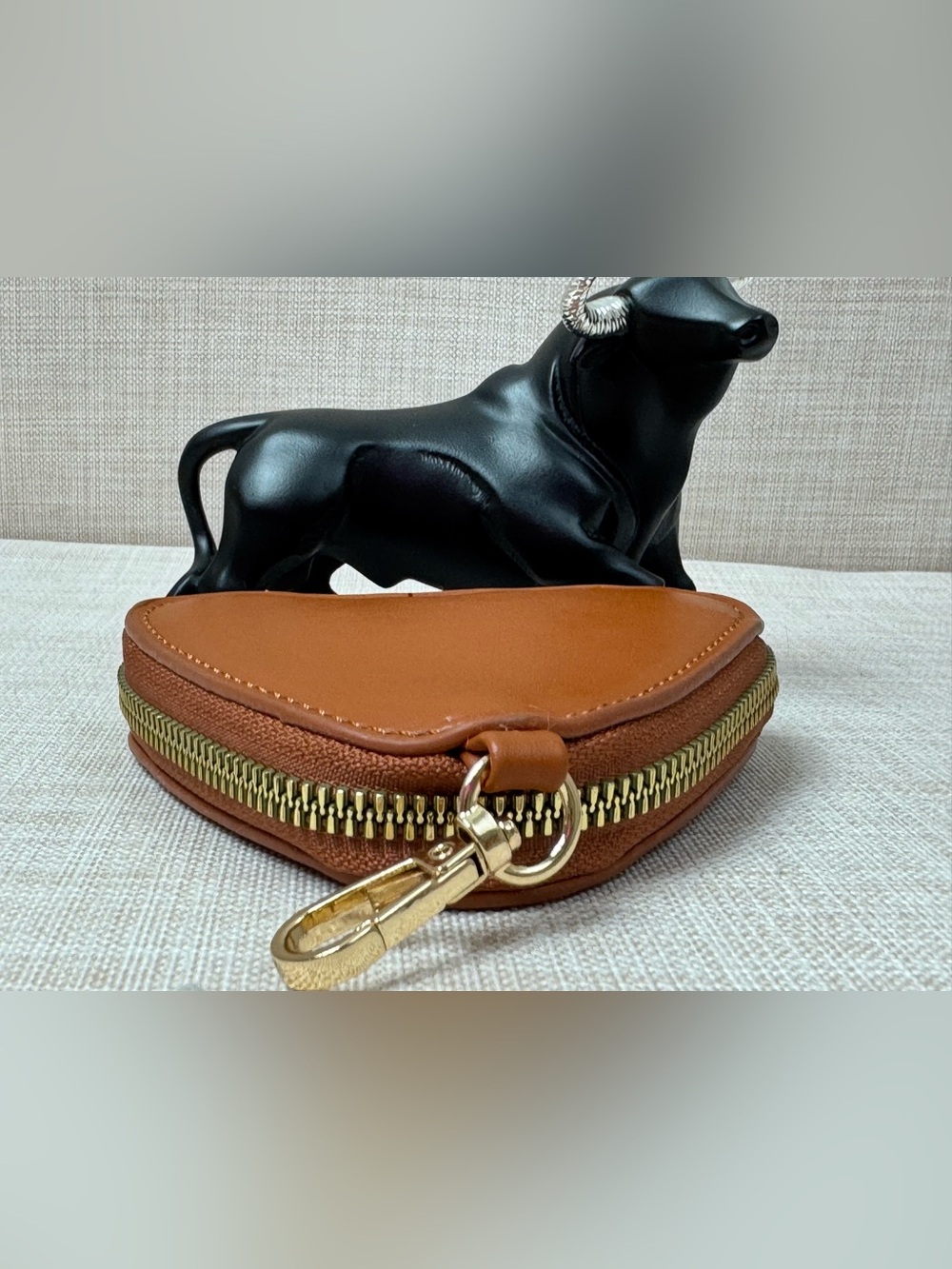 Compact Tan Leather Mini Pouch with Gold Zip and Clip